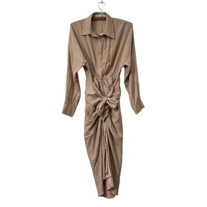 Chloe Dao Tan Long Sleeve Ruched Front Waist Tie Midi Shirt Dress Size Small